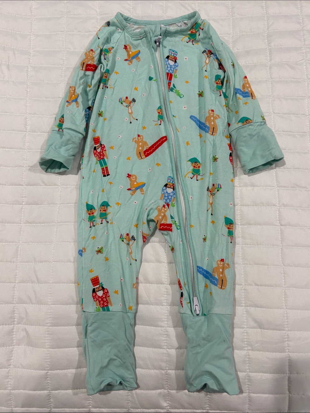 Mint Green Holiday Print Footed One-Piece for Kids